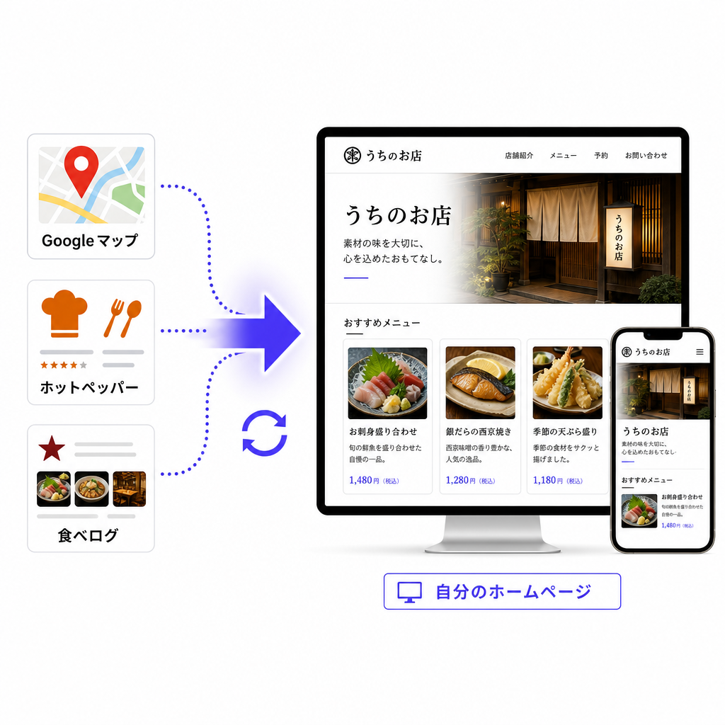 Google マップやグルメサイトの店舗ページから、デスクトップとモバイルに対応したホームページが自動生成される流れ